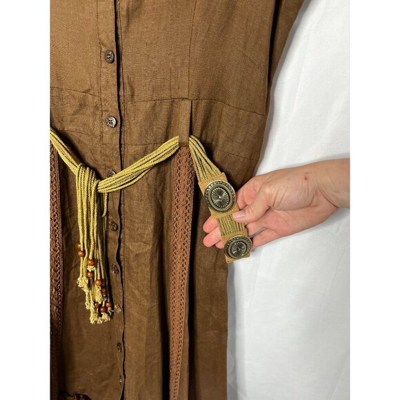 Sunny Leigh Vintage Hi-Low 100% Linen Western‎ Style Midi Dress Brown Belted 10 - Picture 4 of 10